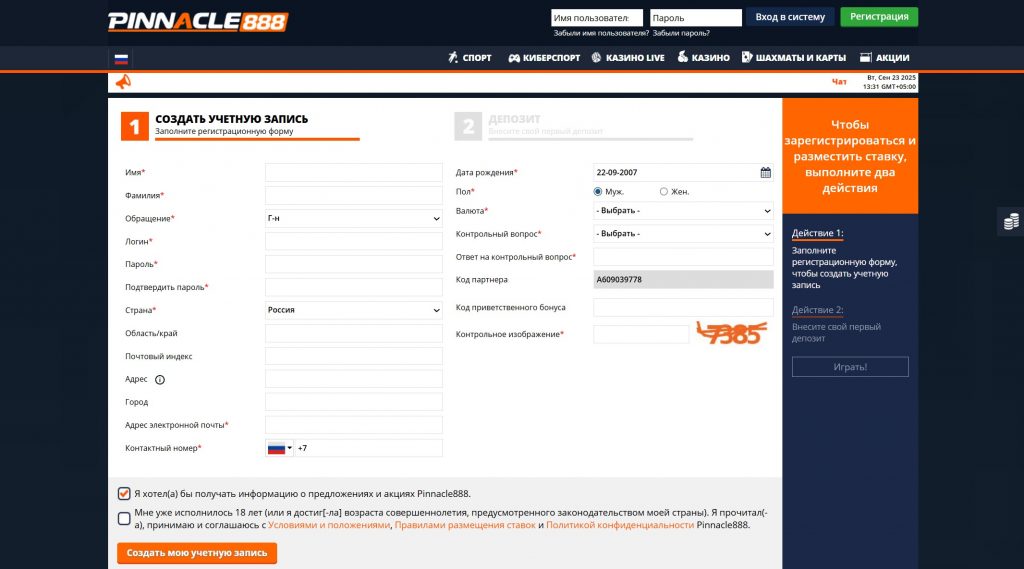 Анкета регистрации в Пинакл888